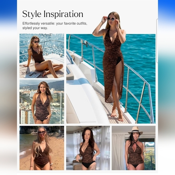 Popilush Leopard Print V Neck Halter Tummy Control One Piece Swimsuit Size L - Picture 2 of 12